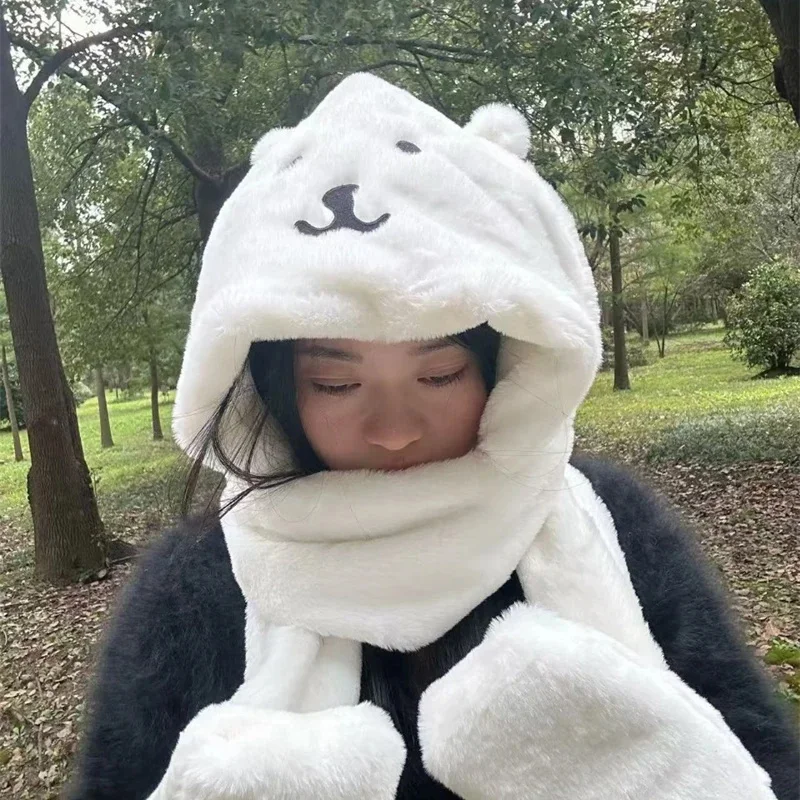 

3 в 1, плюшевая толстая шапка с капюшоном, милый мультяшный медведь, флисовый зимний теплый капюшон «все в одном» для женщин, подростков, детей, уютный подарок для домашней вечеринки
