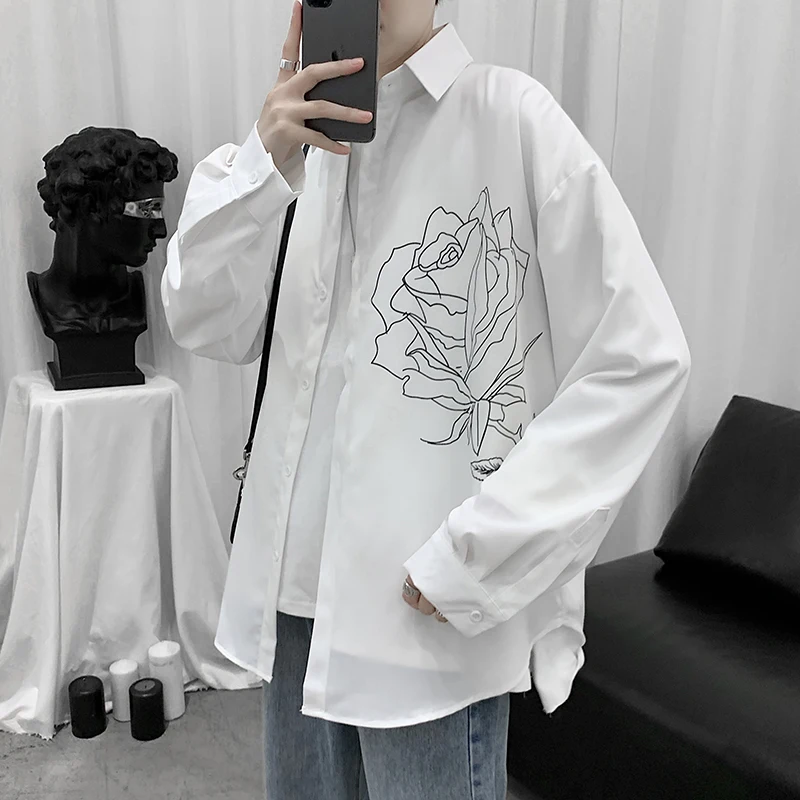 

New Arrival Vintage Flower Print Men Blouses Korean Streetwear Long Sleeve Turn-Down Collar Shirts 2023 Camisa Masculin