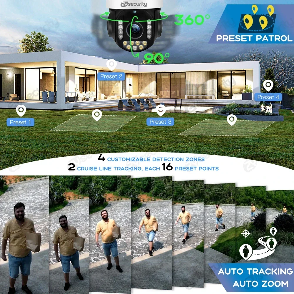 야외 유선 IP 카메라, 자동 줌 추적, 사람 차량 감지 돔 보안 카메라, 8MP 4K, 360 ° PoE PTZ 카메라, 30X 광학 줌