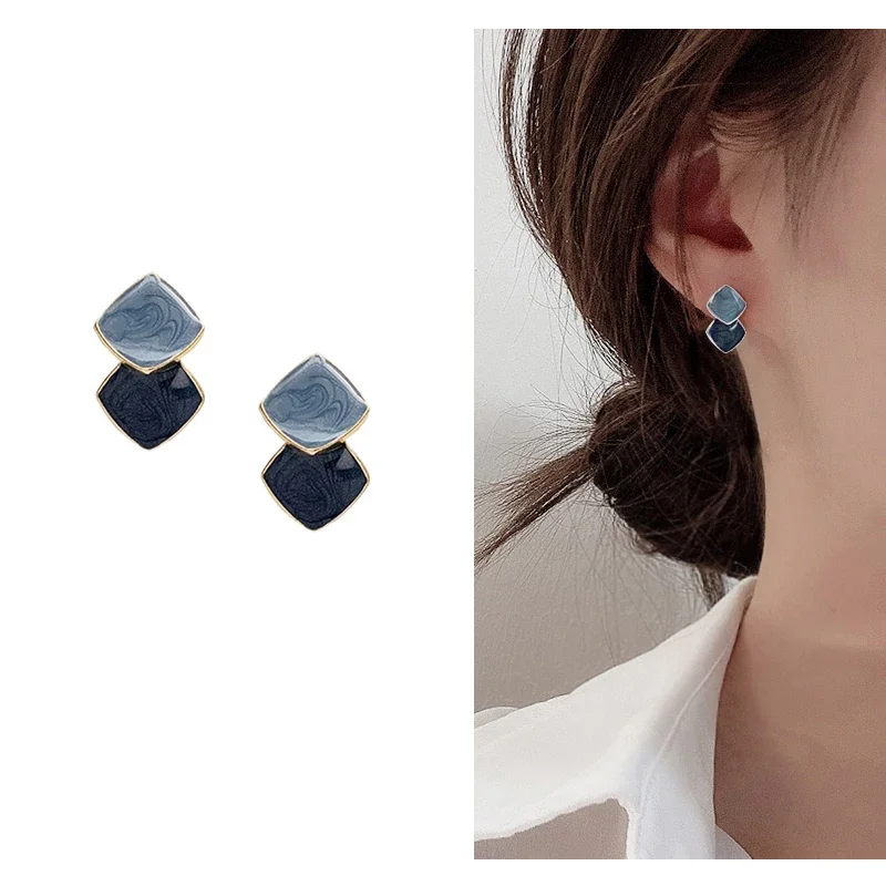 Enamel Brown Blue Rhombus Round Square Earrings Quality Oil Drop Geometric Clip on Earrings Women No Pierced Ears