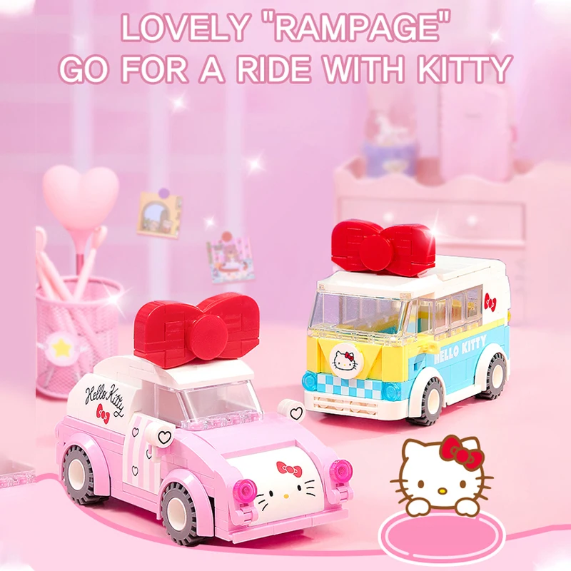 Sanrio Hello kitty City Car Building Blocks Diy Romantic Pink Car Bus Model Bricks Desktop Decoration Toy For girl Holiday Gifts