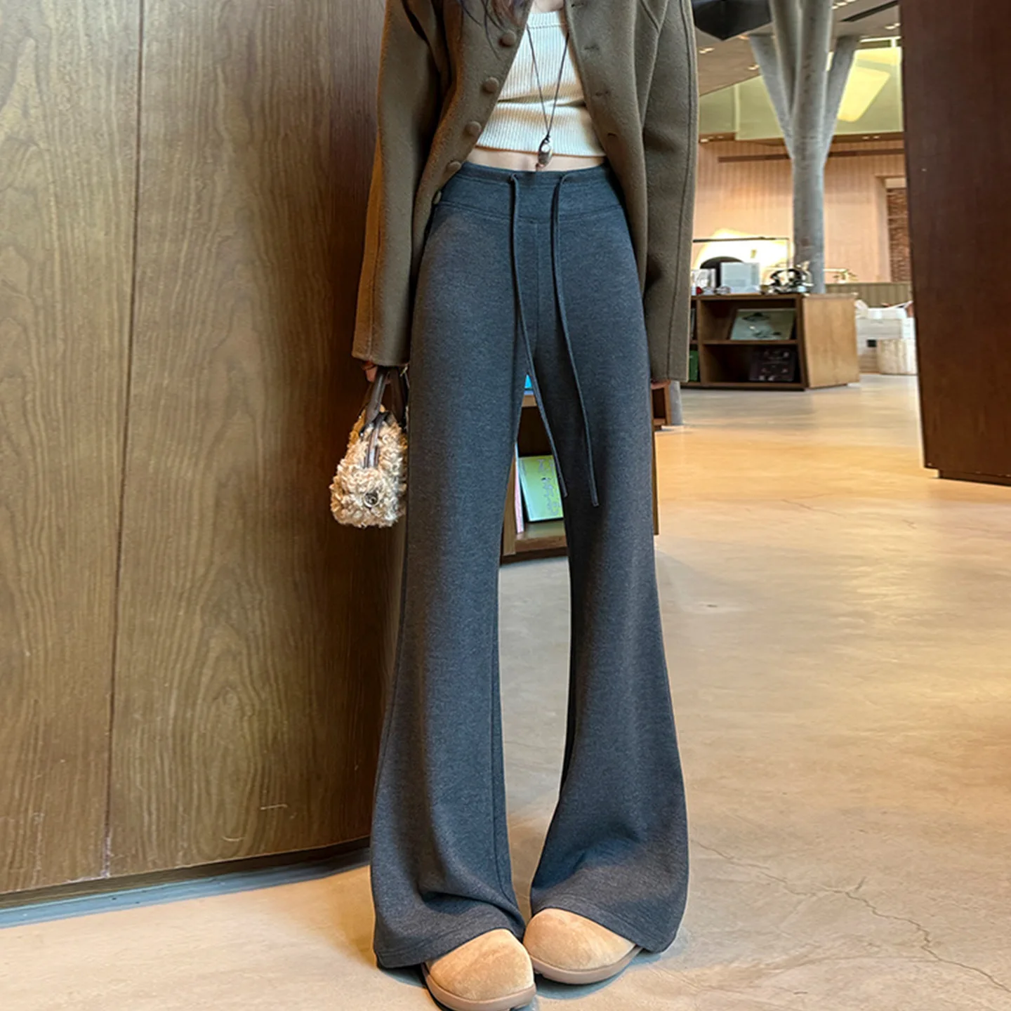 

ay Fce расклешенные брюки для йоги на подкладке женские более тонкие осенне-зимние спортивные повседневные брюки с высокой талией шерстяные брюки-клеш