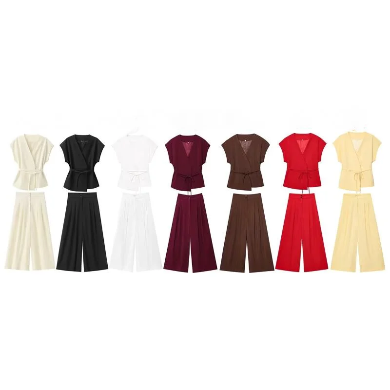 

Модный женский комплект с длинными брюками, футболка без рукавов с v-образным вырезом, комплект брюк прямого кроя, весна-лето 2025 года, комплект из 2 предметов для поездок на работу