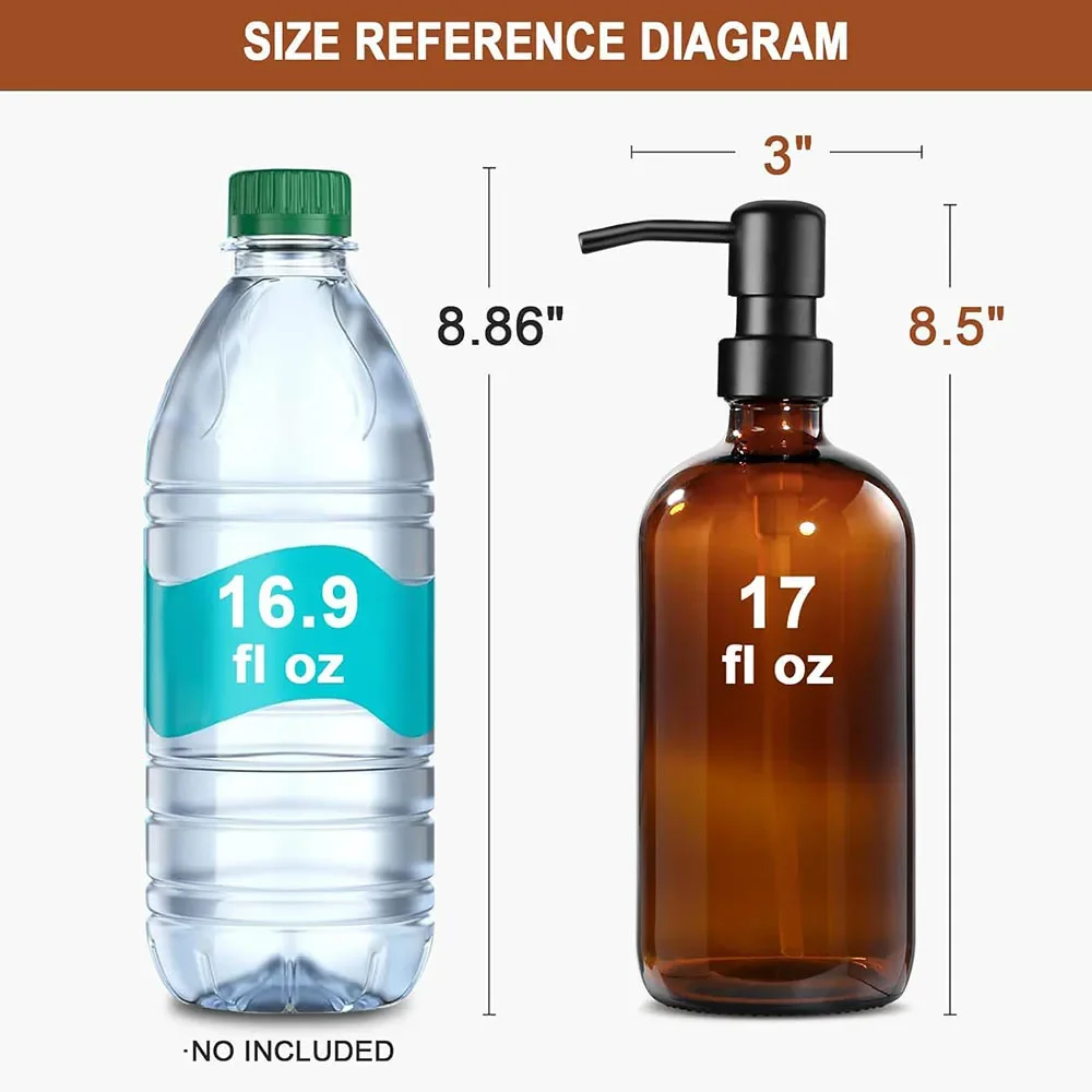 2 Pack 17oz Amber Glass Soap Dispenser with Stainless Steel Pump for Kitchen Bathroom Hand Soap Empty Soap Dispensers