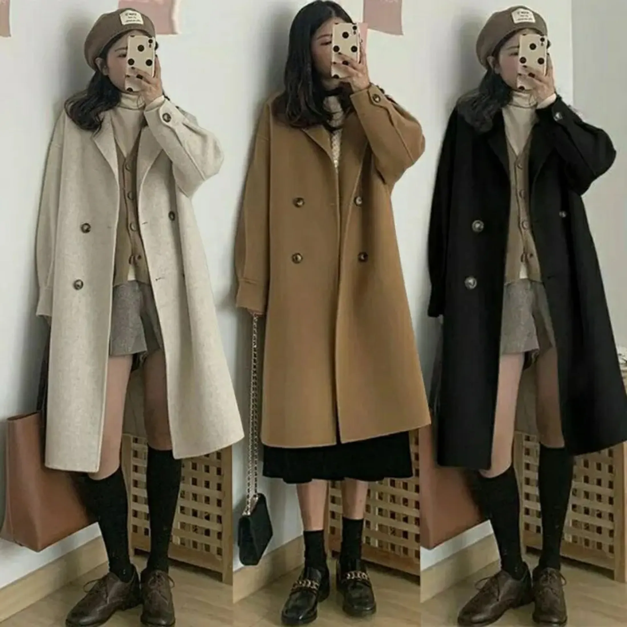 

Elegant Woolen Trench Coat Winter Mid-Length Single-Breasted Warm Loose Wool Windbreakers Jacket Overcoat for Women Casual Coat