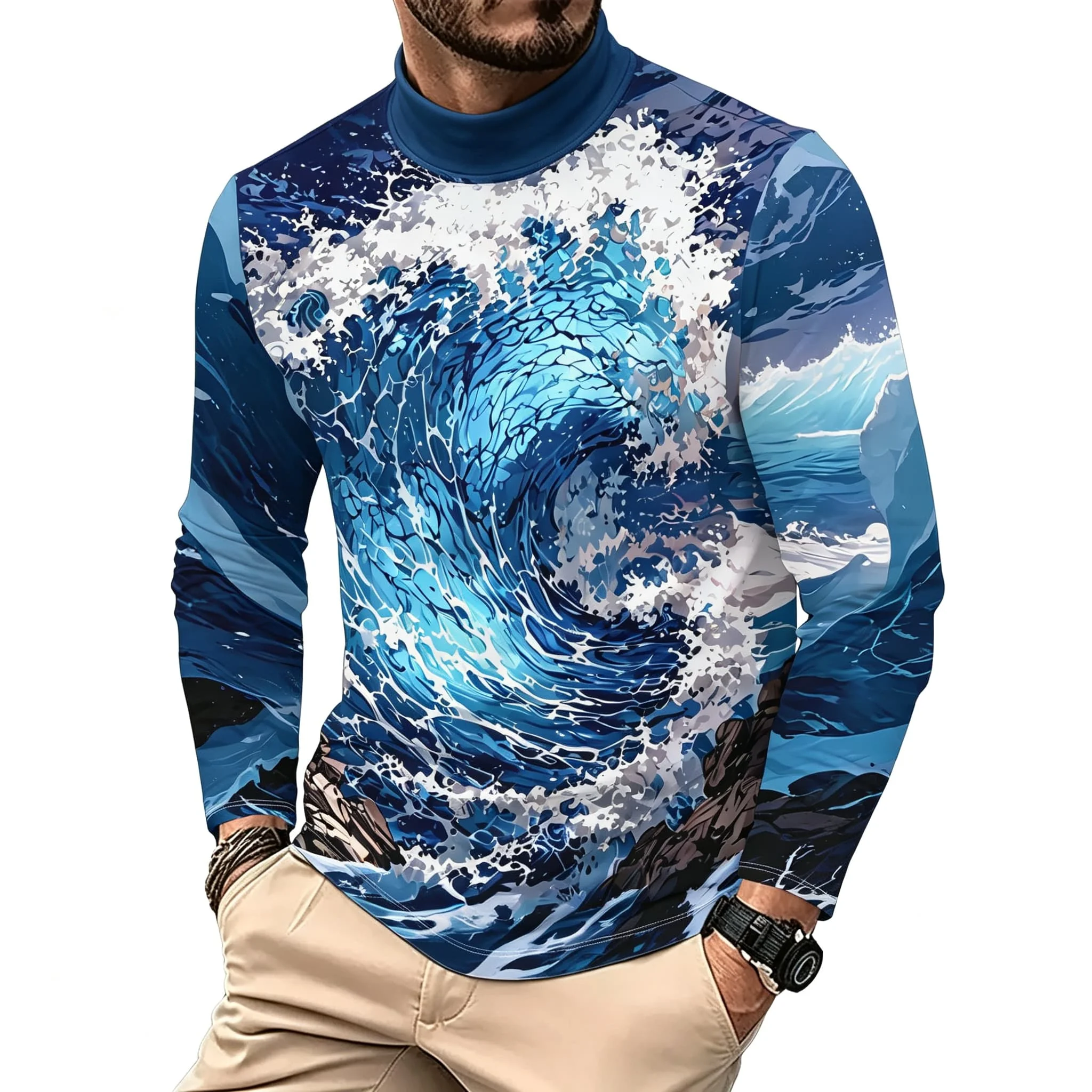 Vintage Ocean Surf Wave Print Men Mock Neck Long Sleeve Tee Nature Landscape Graphic Top For Daily Casual Wear - view 3