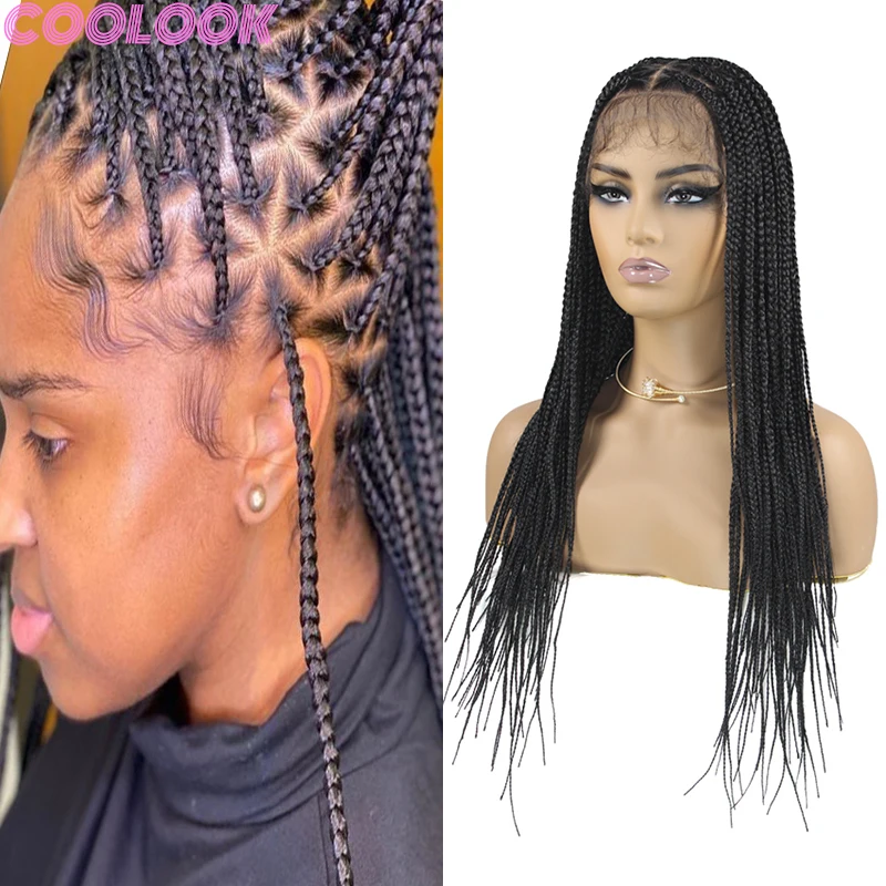 

Synthetic Braided Lace Frontal Wig with Plait 26inch Crochet Knotless Full Lace Front Triangle Braids Wig Black Silky Braid Wigs