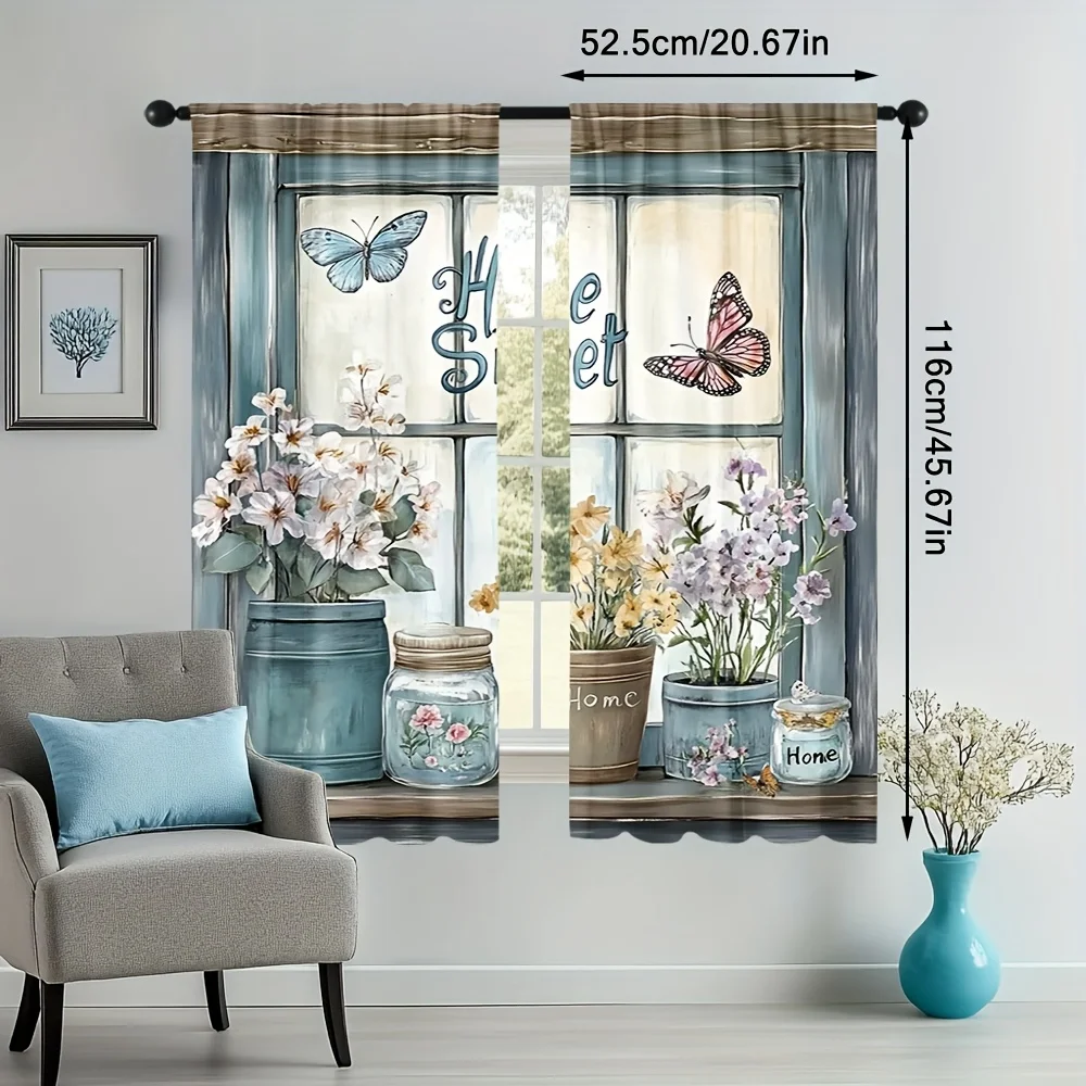 Rustic Farmhouse Curtain Panels, Window Vase Flower Butterfly Jar Vintage Wooden Frame Print Drapes for Kitchen Bedroom Decor