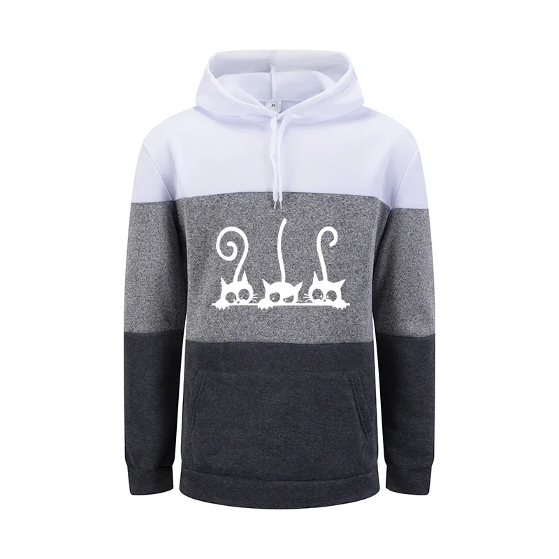 Bloco de cores das mulheres hoodies bonito gato impressão casual moletom esportes jogging topos casa quente conforto emenda roupas femininas