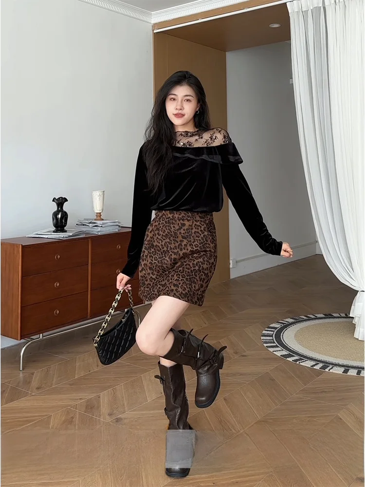 

Ele Lace Splice Asymmetrical oulder Top High Waist A-Line Leopard Print Skirt Pants Set Casual Sle Autumn Faion for...