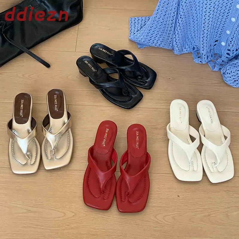 

Fashion Square Toe Women Slippers Low Heel Shoes Outdoor Casual Female Flip Flops Slides Sandals Ladies Slippers Heeled Shoes