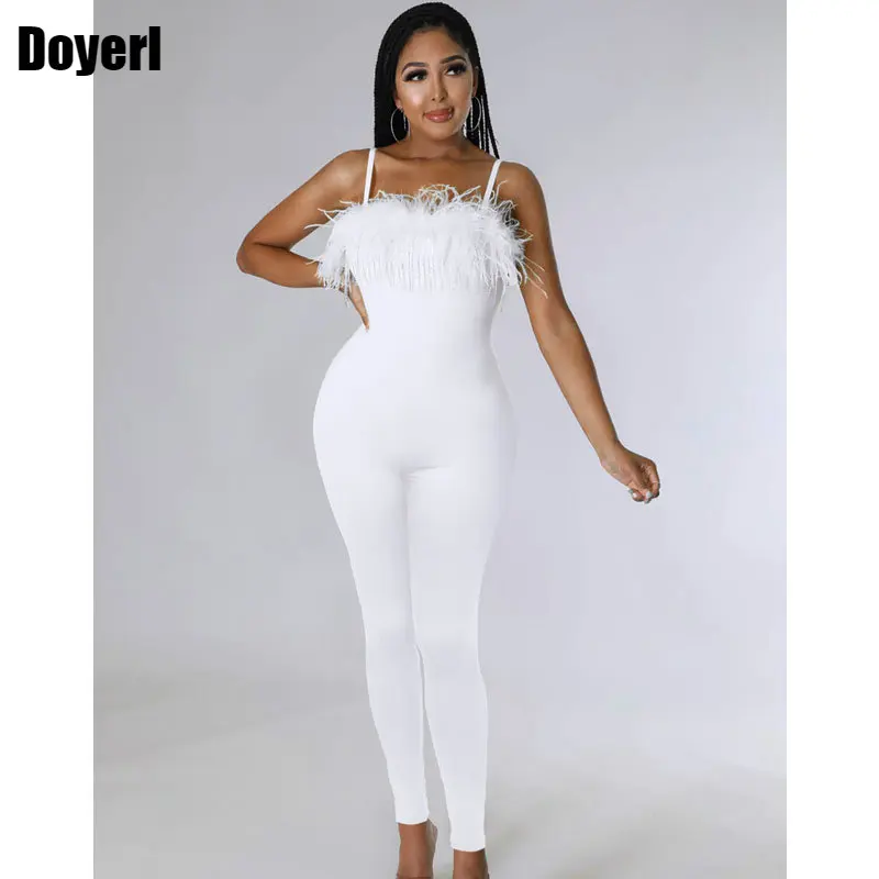 

White Sexy Bodycon Jumpsuit for Women Sleeveless Stretch Tassel Feather One Piece Overalls Night Party Club Birthday Outfits