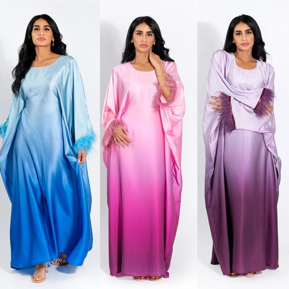 Gradient Batwing Butterfly Sleeve Satin Abaya Dubai Luxury Muslim Kaftan Dress For Women Kebaya Caftan Marocain Femme Vestidos