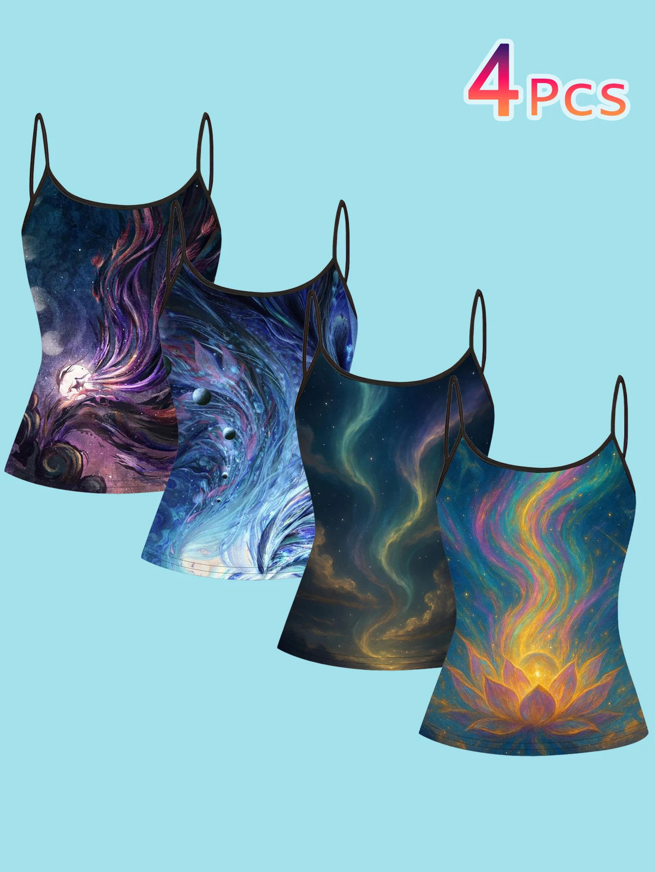 4-Piece Set of Women's Artistic Oil Painting Nebula Lotus Print Camisoles, Psychedelic Cosmic Starry Sky Flow Painting Slim-Fit Spaghetti Strap Inner Tops