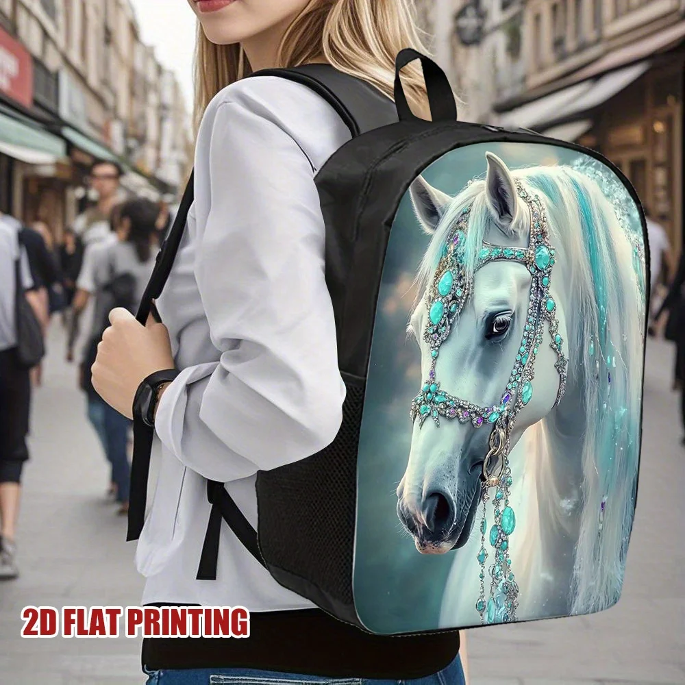 

1 lightweight polyester backpack with fantastic white horse 2D flat print, adjustable shoulder straps, large capacity for school