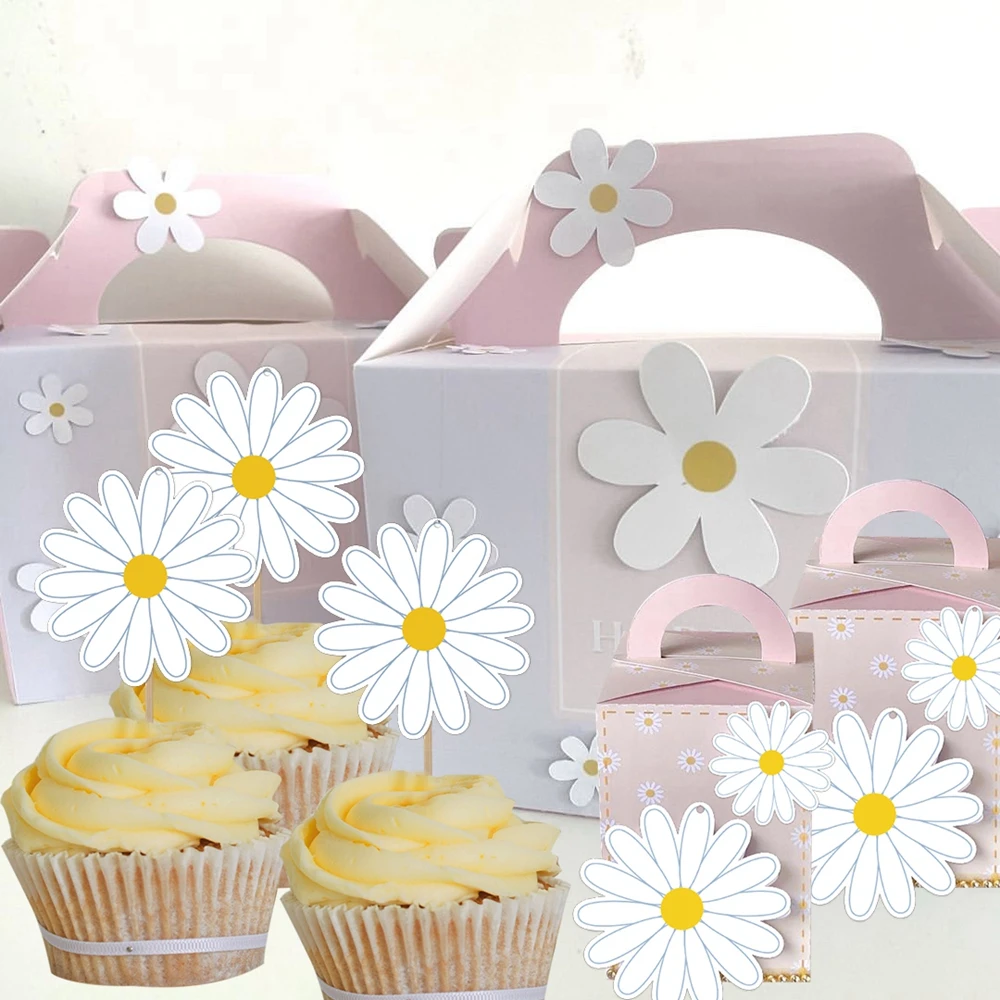 1set White Daisy Paper Cupcake Toppers Hanging Banners For Daisy Birthday Spring Party Decoration Wedding Gifts Wrapping Supply