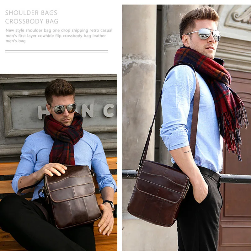 Retro oil waxed genuine leather shoulder bag for men leather brand messenger bags briefcase cover open cell phone male bags