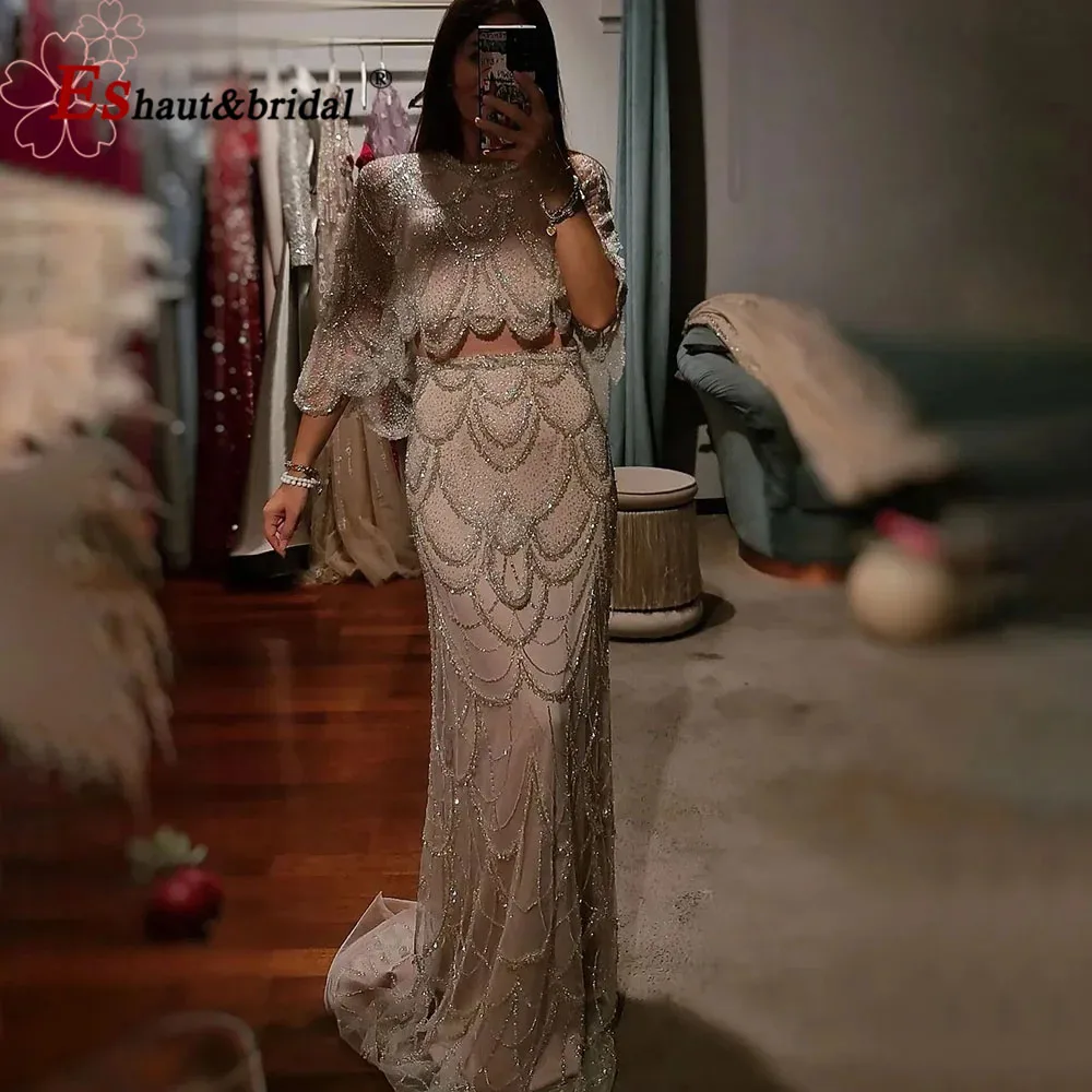 

Роскошное вечернее платье-русалка из двух частей цвета нюд с накидкой для женщин, элегантное, в стиле Дубай/Арабские Эмираты, длинное, для свадебных вечеринок, на заказ, 2026