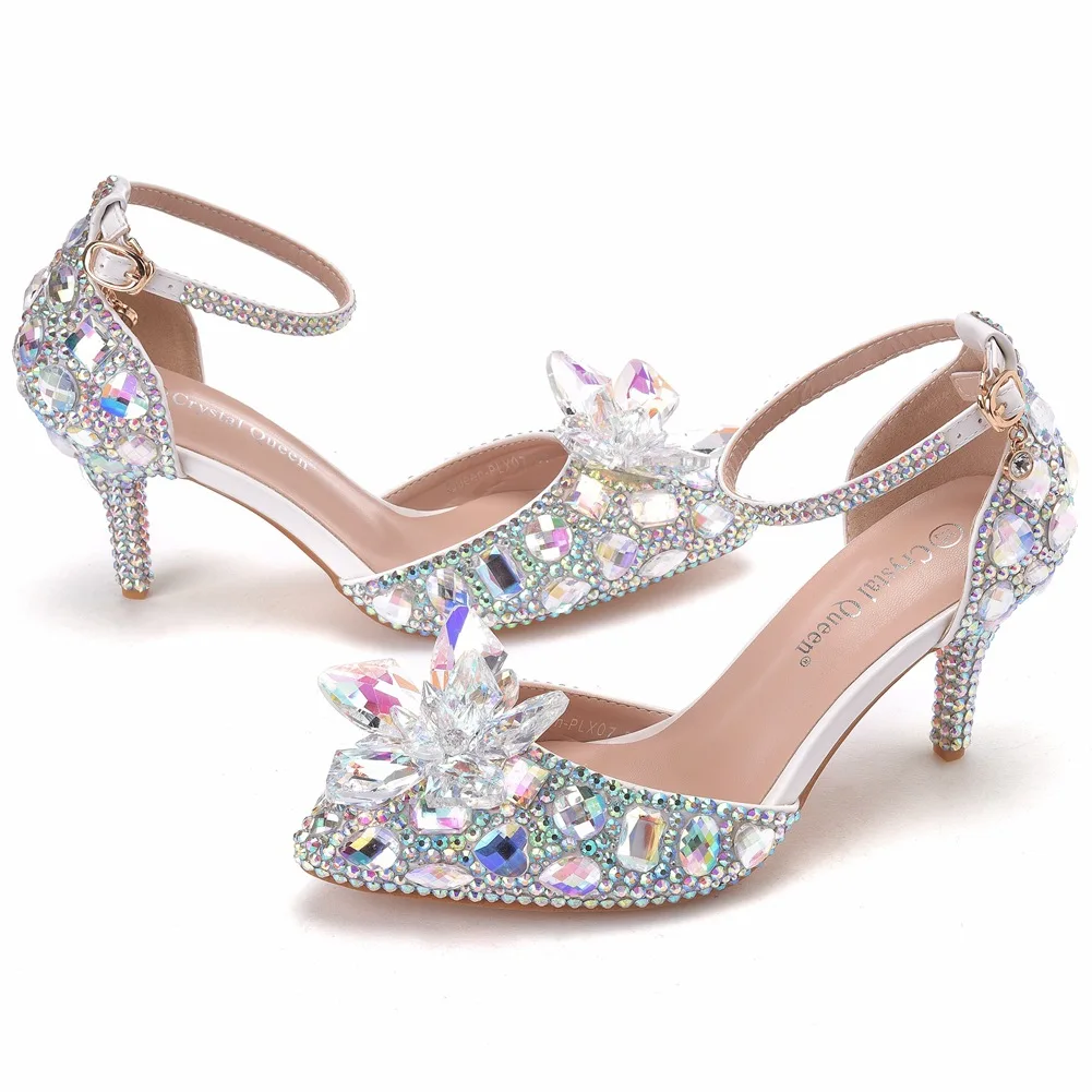 

Bride Wedding Shoes Fashion Rhinestone stiletto sandals Shoes Woman Ankle Strap Party Dress Sandals Open Toe High Heels Pumps