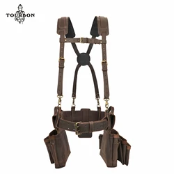 Tourbon Leather Heavy Duty Tool Belt with Adjustable Suspenders Padded Detachable Pockets Electrician's Tool Combo Apron Bag Tan