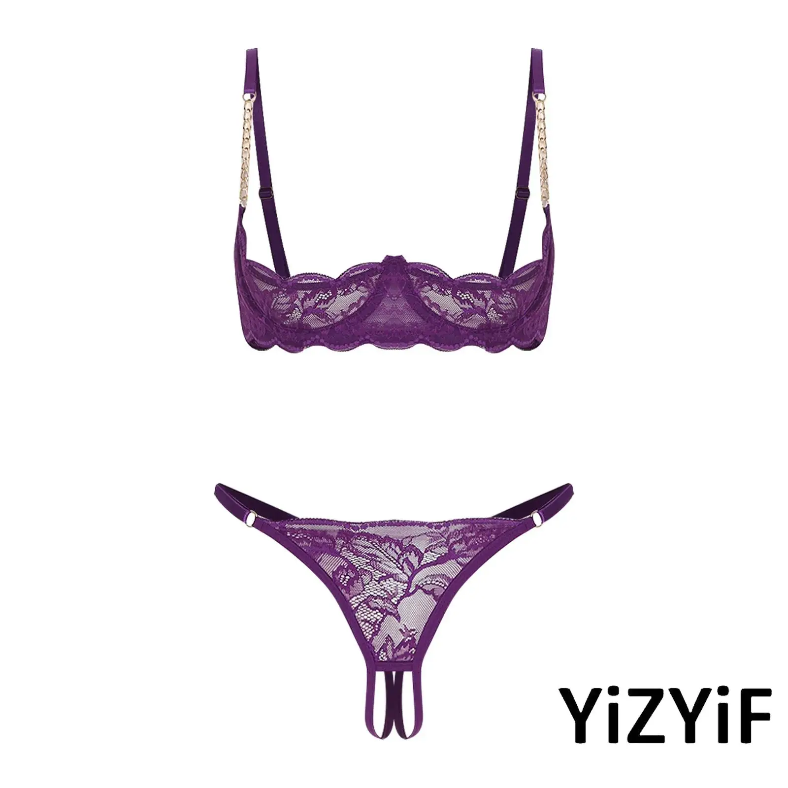 

Womens See Through Floral Lace Bra 1/4 Cup Underwire Push-up Bralette Balconette Alluring Lingerie Top with Briefs Set Nightwear