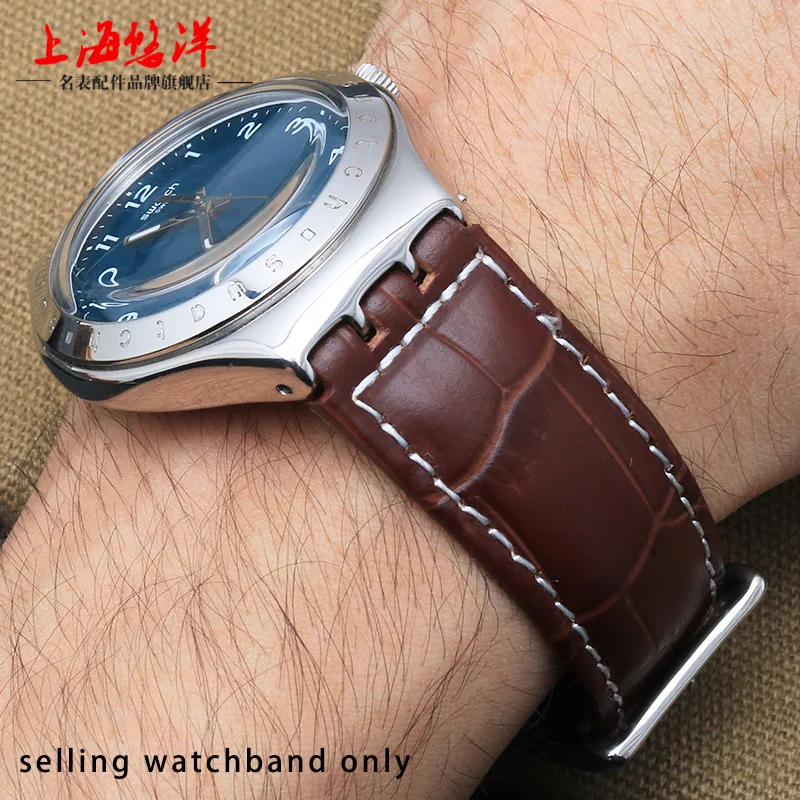 Black Brown 17mm 19mm 23mm Waterproof Genuine Leather Watch Strap Band For Swatch Alligator Pattern Leather Belt watchband