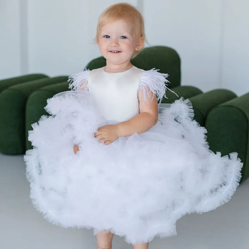 Vestidos blancos de flores para niña, vestidos de tul con plumas escalonadas y sin mangas para boda, fiesta de cumpleaños, vestidos de comunión