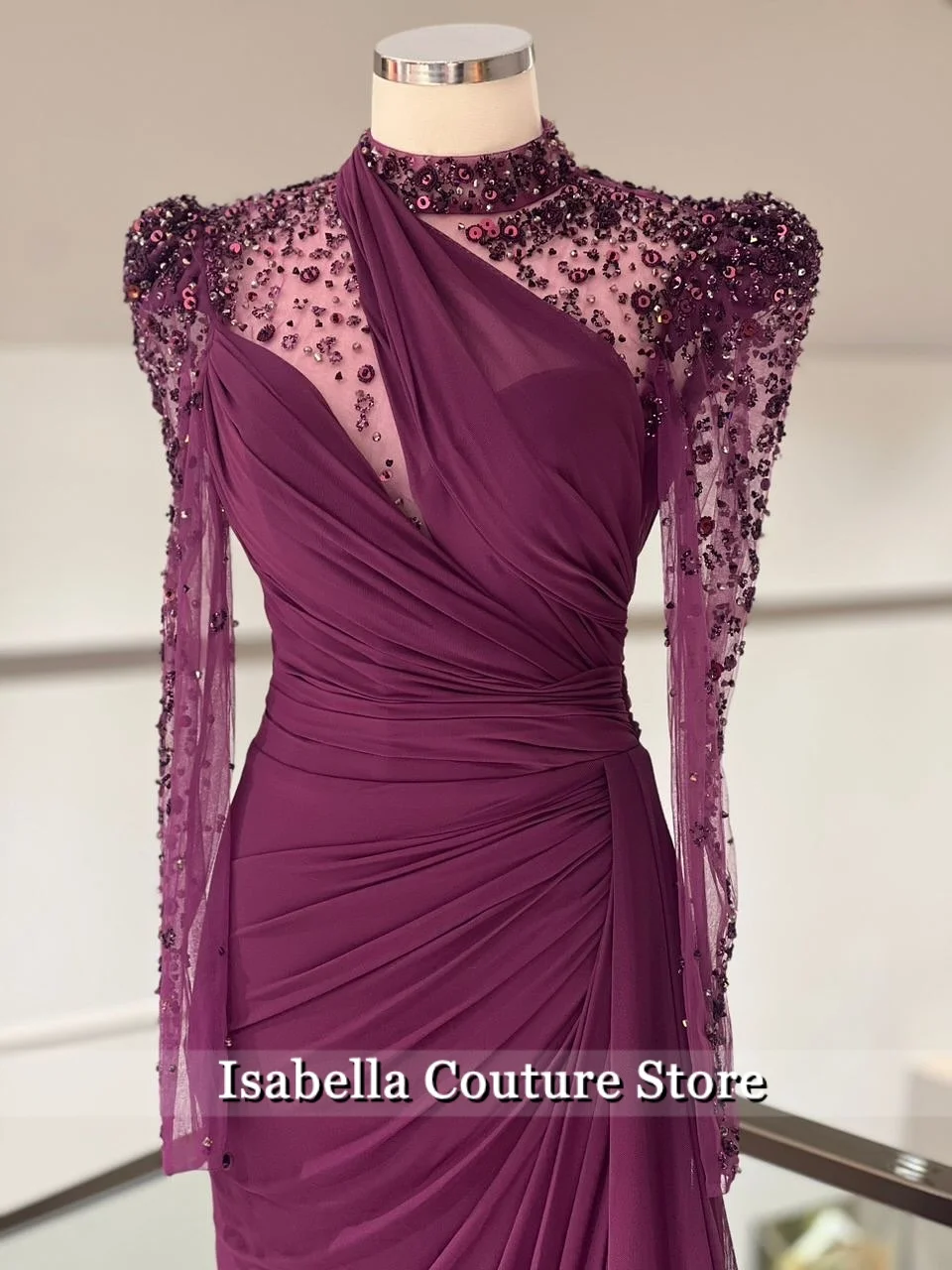 New Customized Purple Beading Luxury Women Evening Dresses 2026 Dubai Long Sleeves Party Gown Floor-Length Prom Dress Vestidos