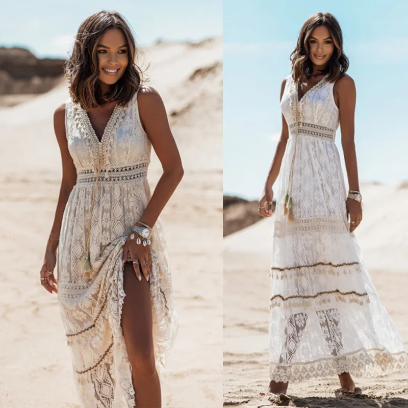 Frauen Sommer Boho Kleider Sexy V-ausschnitt Ärmellose Spitze Casual Quaste Strand Spaghetti-trägern Flowy Swing Rüschen Maxi Sonnenkleid