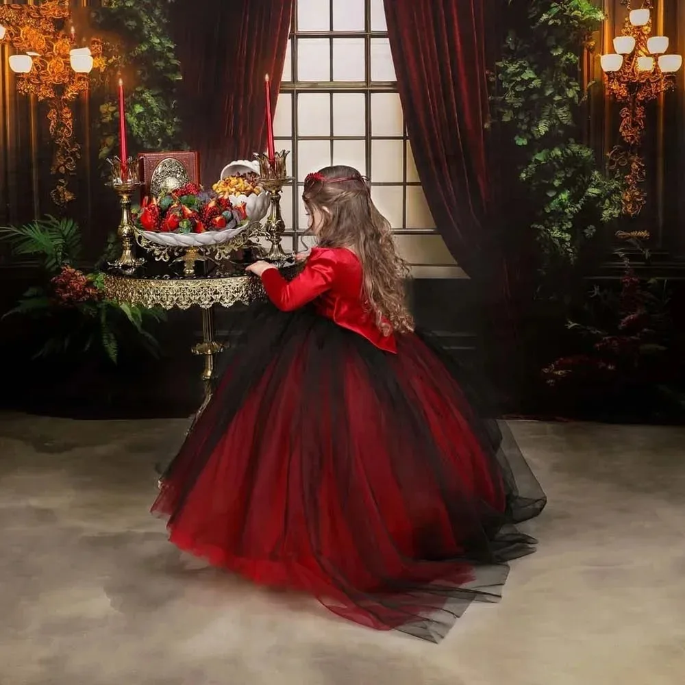 

Customized Red Flower Girl Dresses for Wedding With Bow Tulle Princess First Communion Dress Long Sleeve Birthday Party Gowns