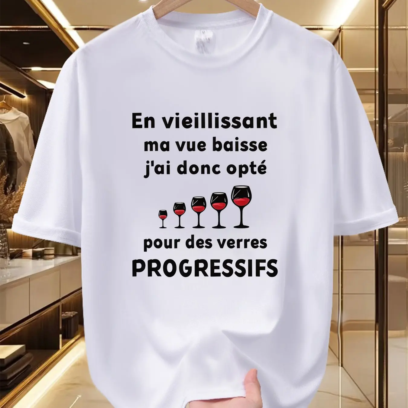 T-shirt décontracté à manches courtes avec impression de verres à vin et citation humoristique « Verres Progressifs » – Mode estivale