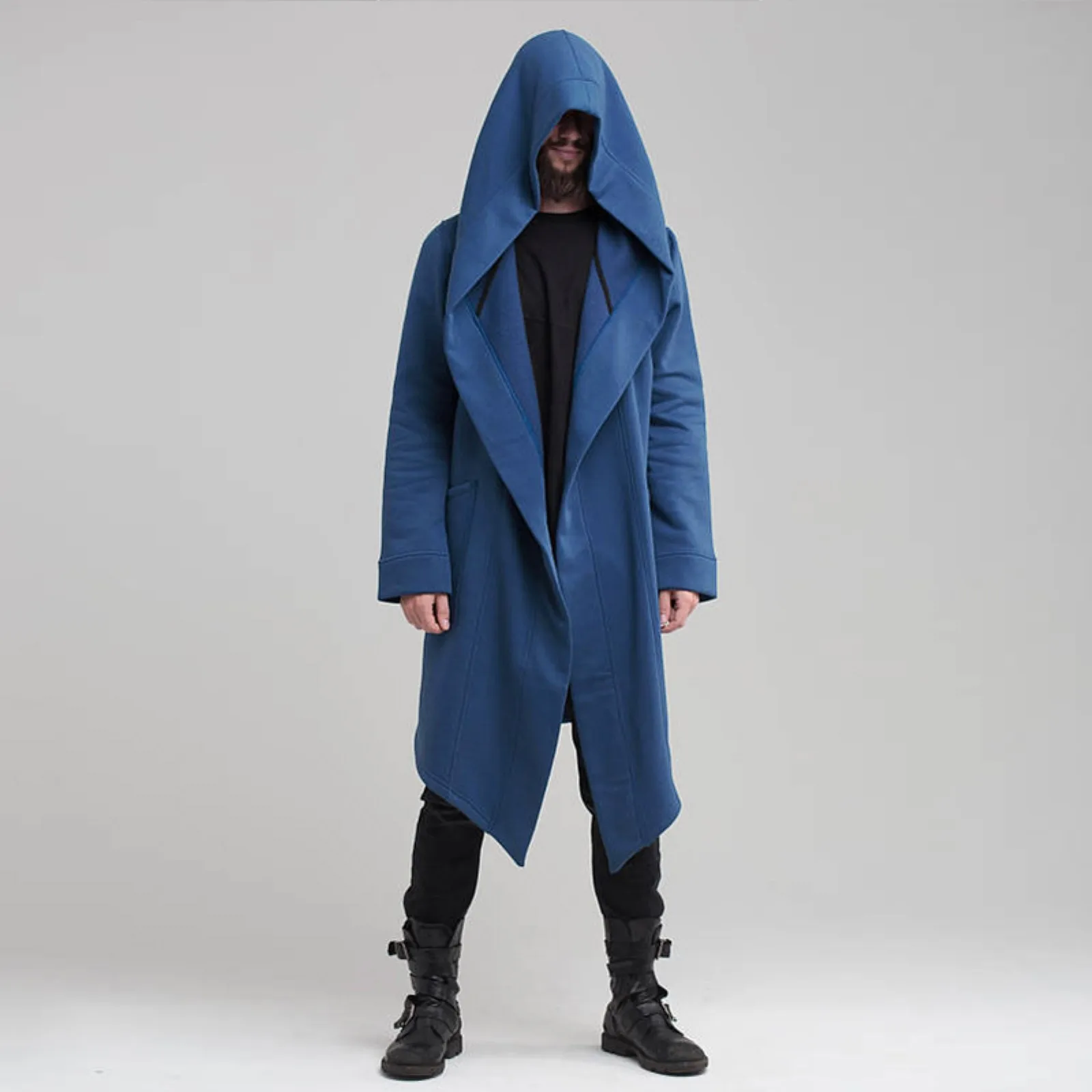 

2024 Punk Men Long Cardigan Sweatshirt Hooded European Windbreaker Autumn And Winter Cape Long Hooded Jacket Male Trench Coat