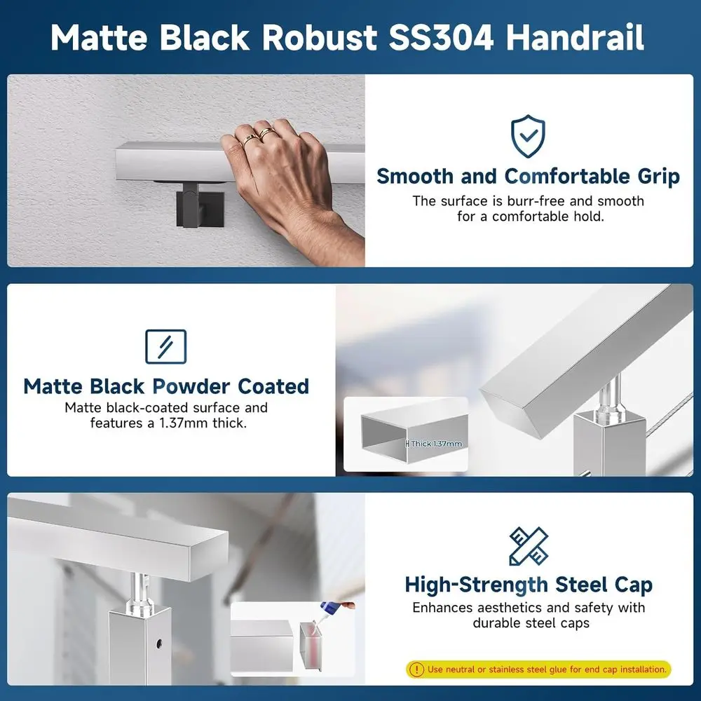 درابزين مصقول من الفولاذ المقاوم للصدأ T304، عبوتان من درابزين كابلات مستطيلة، حاجز علوي مسطح مع أغطية نهاية معدنية للداخلية والخارجية