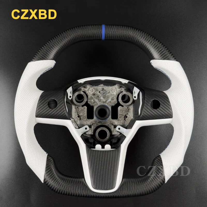Flat Shape Blue Marker Steering Wheel For Tesla Model Y 2022-2024 Real Matte Carbon Fiber Sport Wheel High Quality Customized