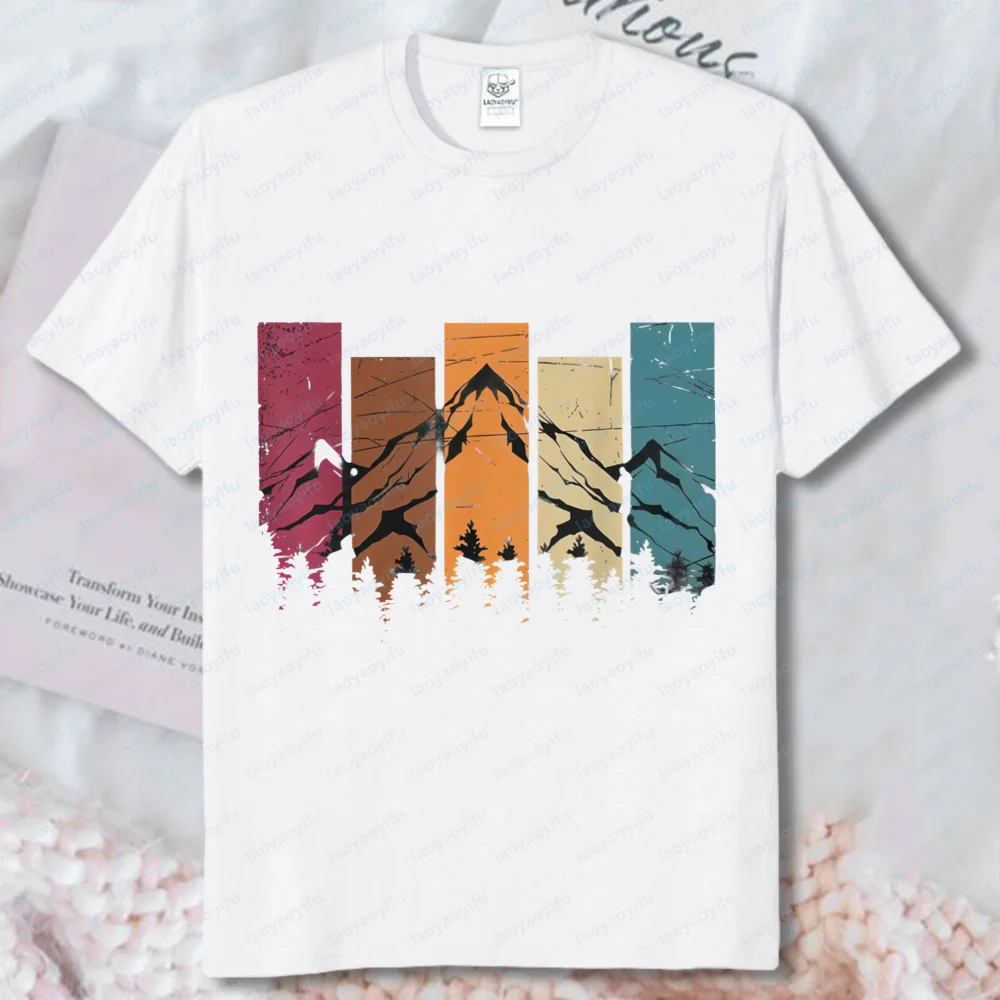 Men's Vintage Mountain Forest Print Tshirt Short-Sleeve O-neck Casual Top Suitable for Mountain Climbing Cotton Tee Summer Shirt