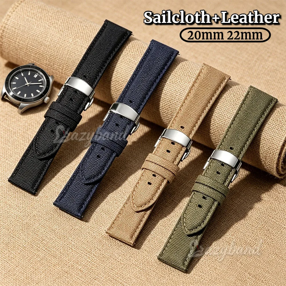 Bracelets de montre en nylon et cuir à dégagement rapide 20mm 22mm avec boucle papillon pour Omega, Seiko, Rolex, Casio – Noir