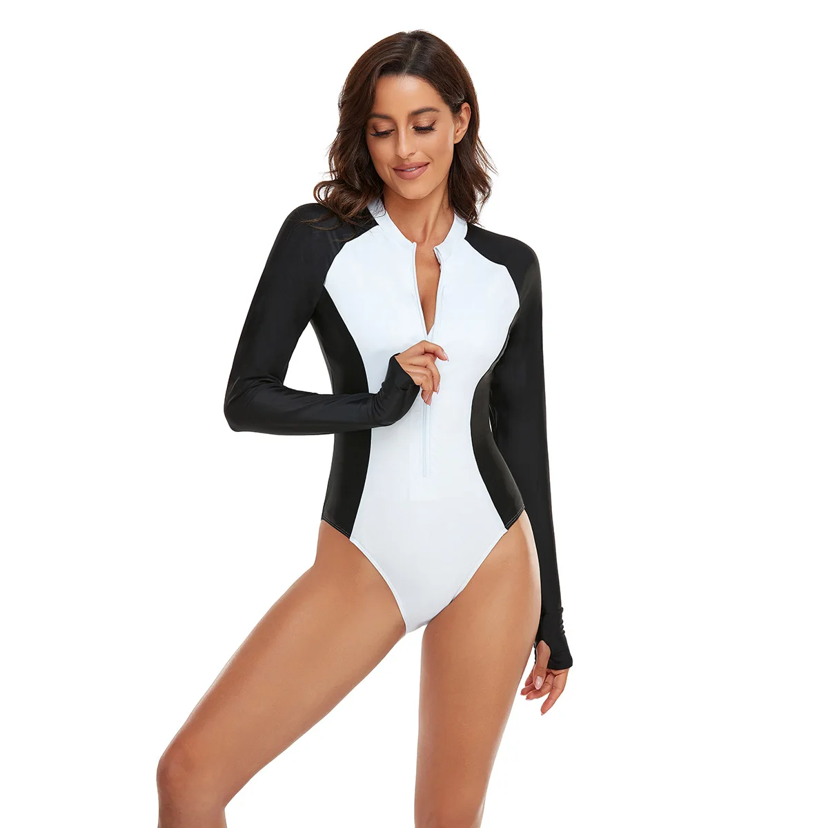 

Fashion Women's One Piece Long Sleeve Solid Color Black Front Zipper Surfing Swim Swimwear Sunscreen High Neck Shorts Surfwear