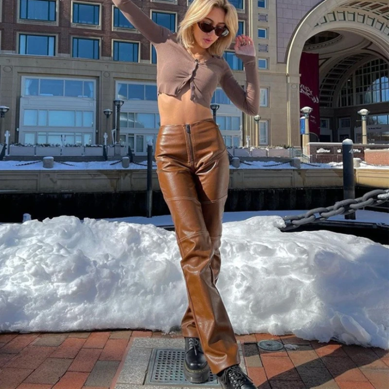 TARUXY Slim Spice Girl PU Trousers Straight Leg Pants Women's Fashion Zipper Splicing Casual Commuting Leather Pants Female New