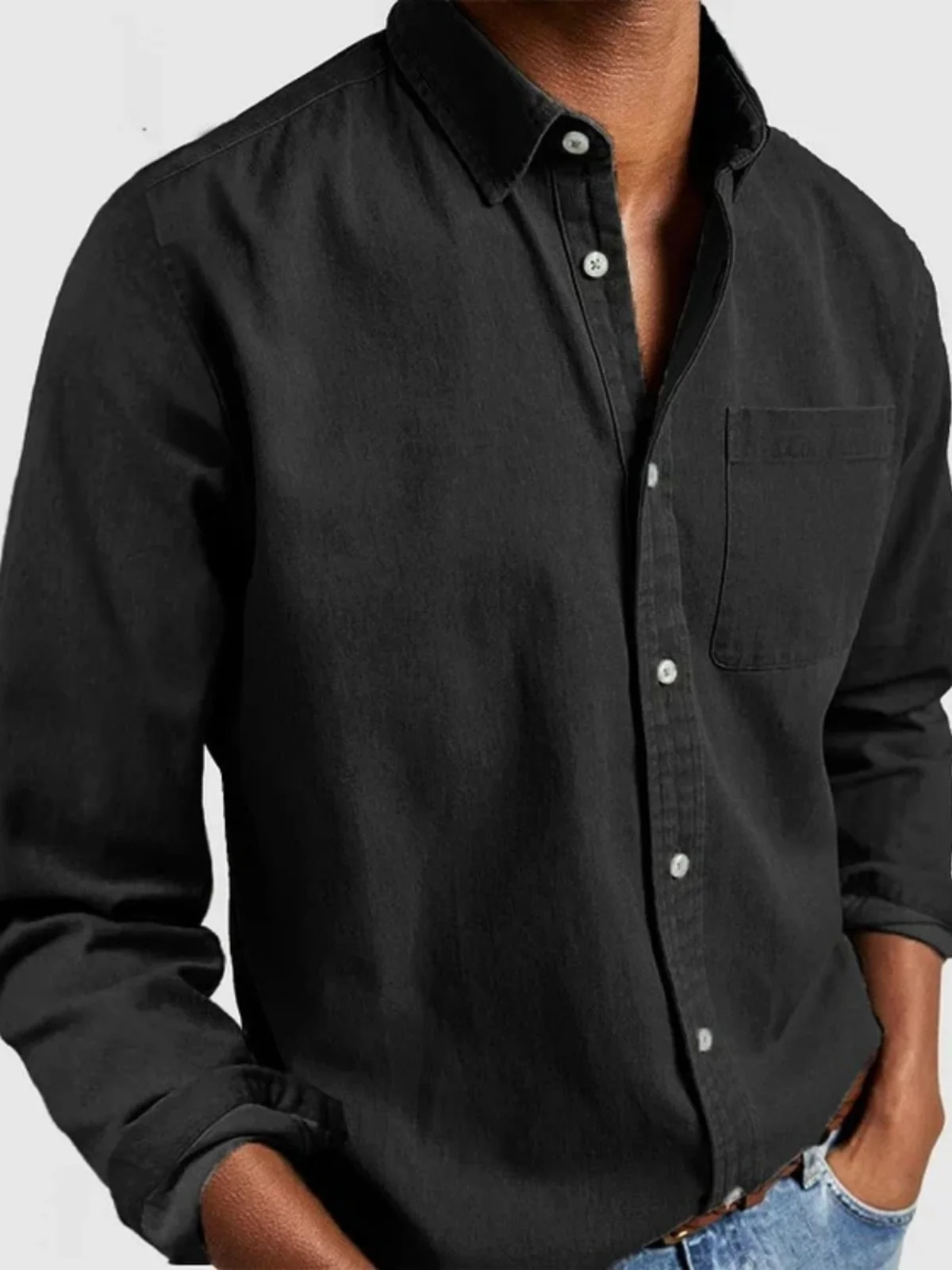 Men's Long Sleeve Shirt with Lapel Crossborder Thickened Fleece Autumn Pure Color Special Wide Fit Business Casual Shirt