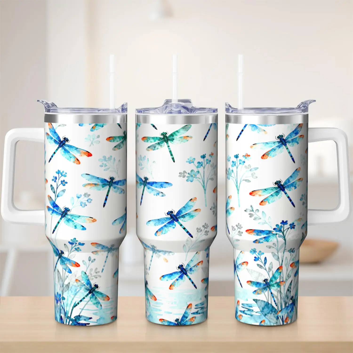 Dragonfly Handle Cup Set with Straw | Maximum Capacity 40 Oz, Inner Layer 304 Stainless Steel, Outer Layer 201 Stainless Steel, Seamless Inner Liner, Lid Made of PC Material, Suitable for Home, Office, Outdoor, Sports, and Car Use