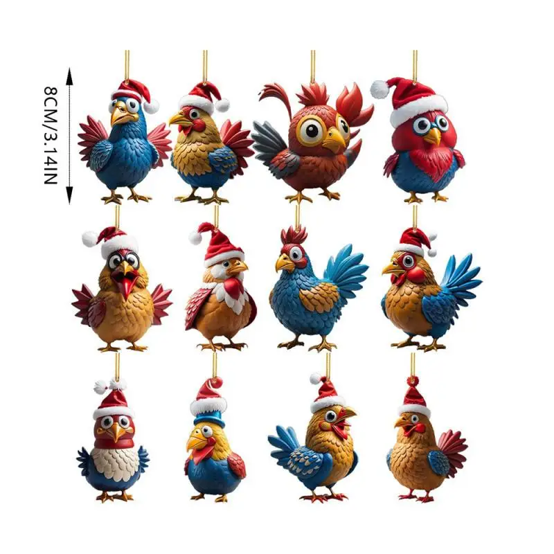 Christmas Rooster Pendant High Definition UV Printed Acrylic Flat Animal Pendant Christmas Tree Holiday Decoration