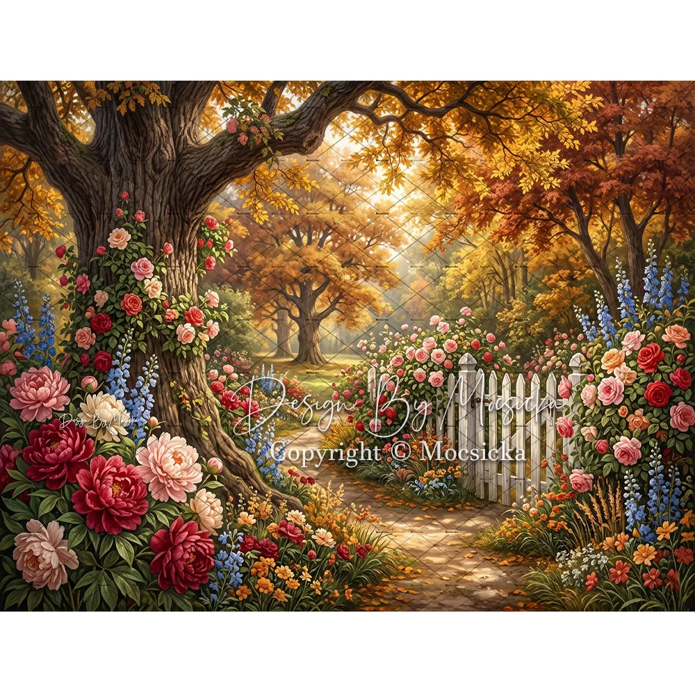 Mocsicka Autumn Flower Garden Path Backdrop Photography White Fence Rose Sunlight Tree Morning Background Girl Portrait Studio
