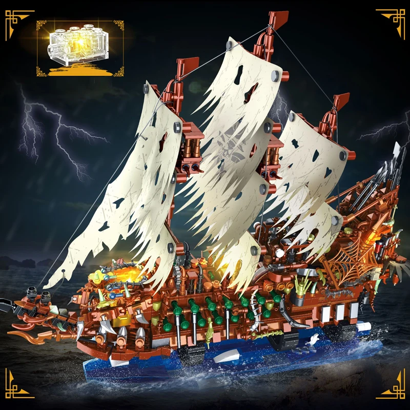 Klemmbausteine Der Fliegende Holländer Piratenschiff mit LED, Retro Klassisches Abenteuer, Europäisches Mittelalterliches Galeonen-Geisterschiff. Modellbausatz, Jungen Spielzeug, Erwachsene/Kinder DIY