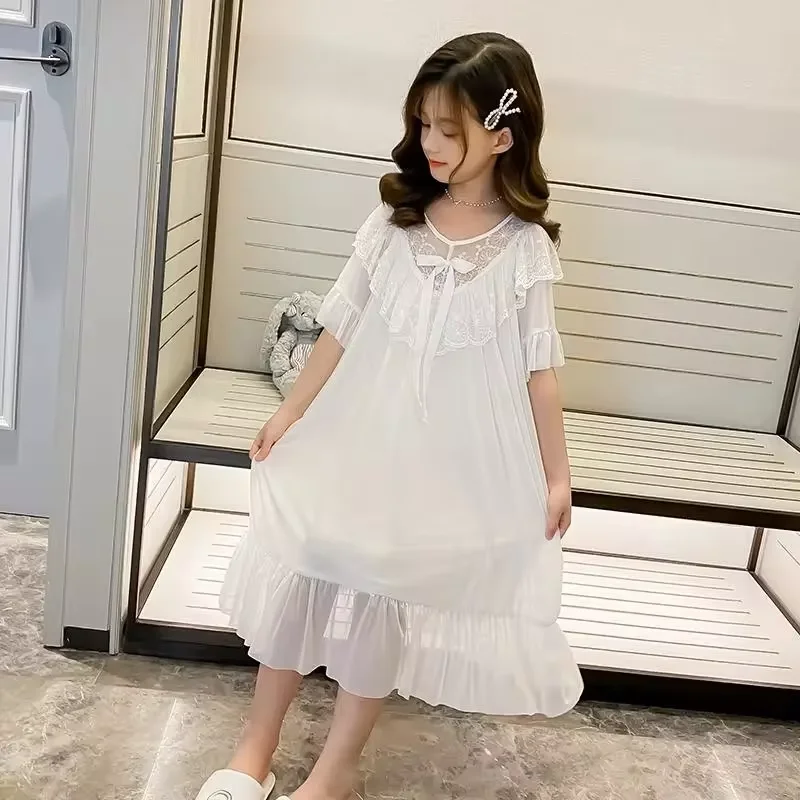 Summer Thin Lace Girls Nightgown Solid Color Mesh Children Home Clothes Long Nightdress Sweet Princess Style Baby Girl Nightgown