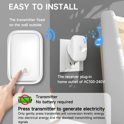 Self-Powered Home Wireless Doorbell 38 Ringtones 4 Levels Of Volume 150 meters Range Outdoor Waterproof Battery-Free Door Bell