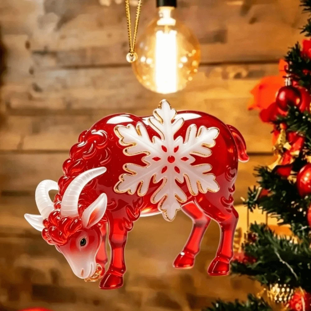 Festive Style Acrylic Goat Hanging Ornament Gold Hanging Cord with Snowflake Goat Pendant Colorful Keychain Car Interior Decor