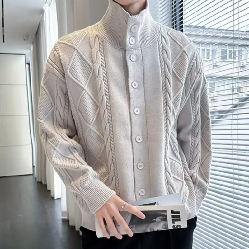 

High Collar Men's Knitwear Sweater Autumn Winter Geometric Pattern Button Cardigan Coats Japanese Retro Solid Color Cardigan