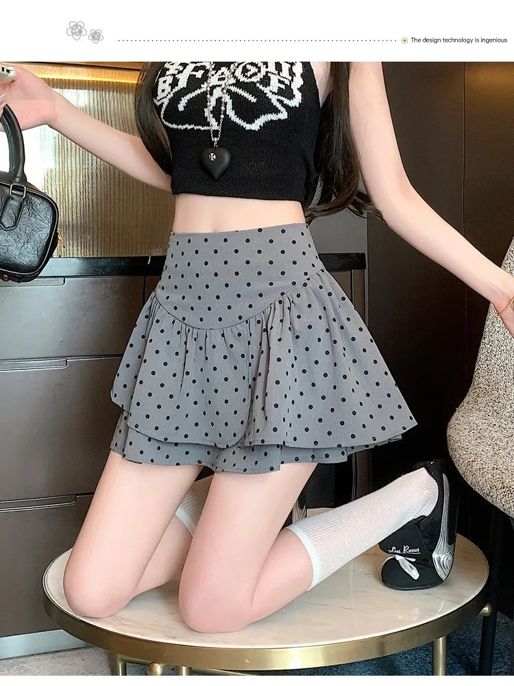 Koreanischer Stil Damen Polka Dot Minirock Hohe Taille Rüschen A-Linie Lässiger Pendler-Kurzrock mit Innenfutter – Detail 9