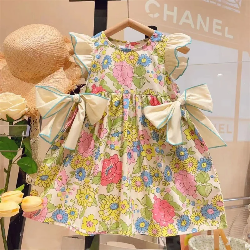 

New Girl's Vintage Flower Lace Flying Sleeve Bow Lace Princess Dress2024Summer Clothing-WSNY