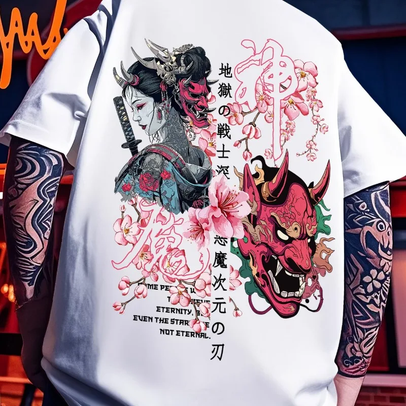 Japanese Hannya Mask Geisha Sakura Back Print T-shirt Kanji Samurai Aesthetic Graphic Tee Unisex Harajuku Short Sleeve Tops